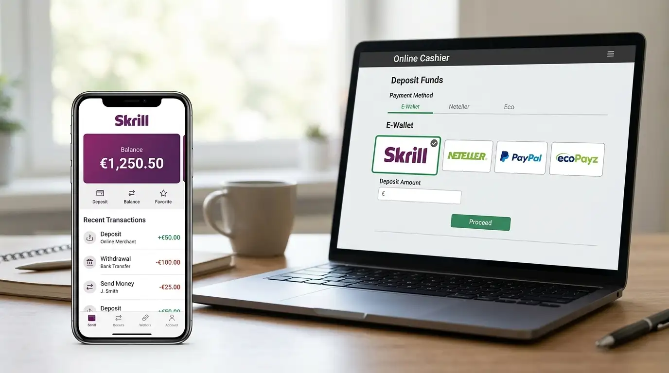 E-wallet app interface on smartphone showing Skrill or Neteller with instant deposit and withdrawal capabilities