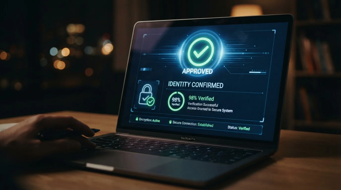 Laptop screen showing abstract identity verification interface with checkmarks and approval indicators