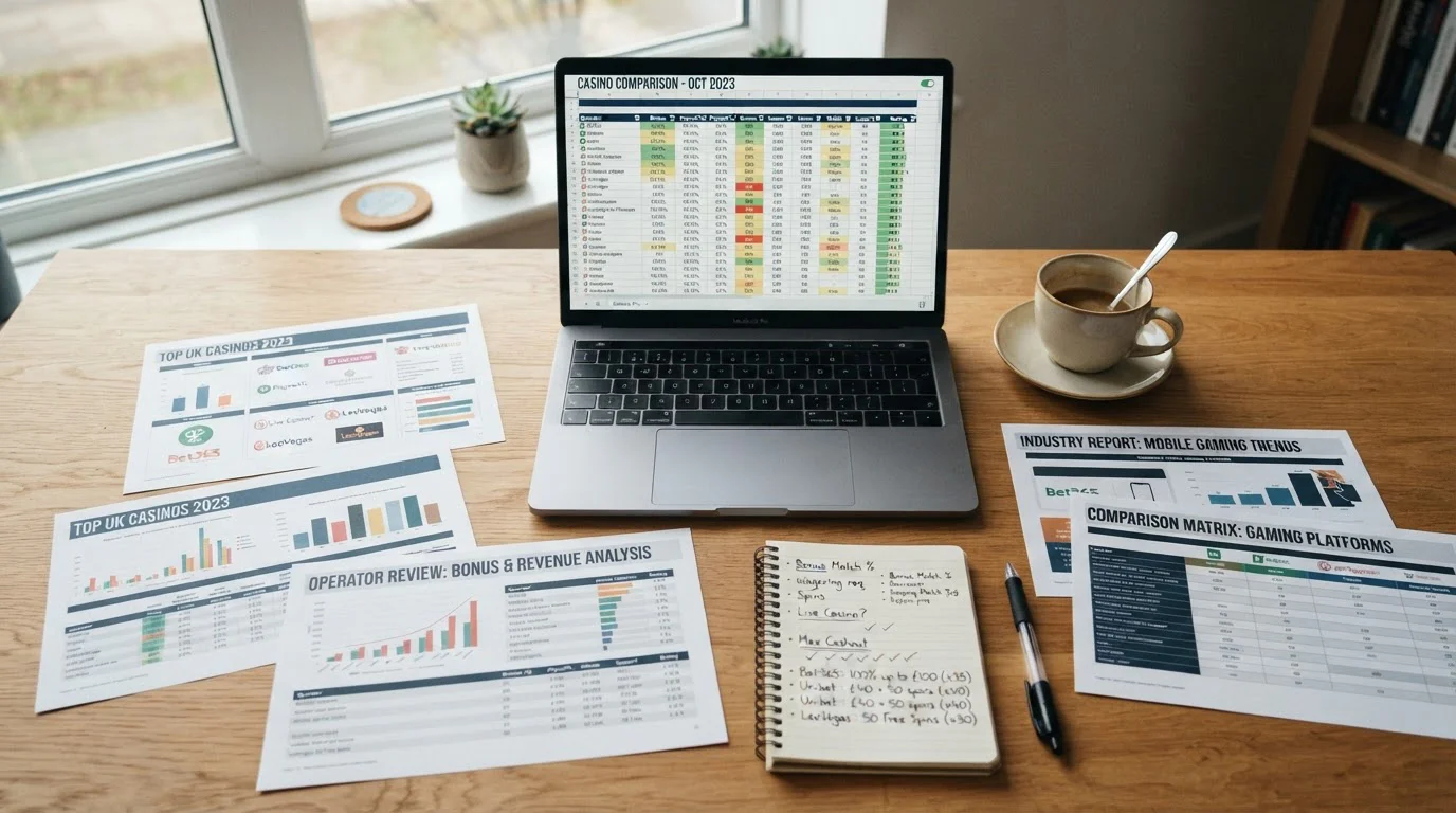 Overhead view of organised workspace with casino comparison documents and laptop spreadsheet