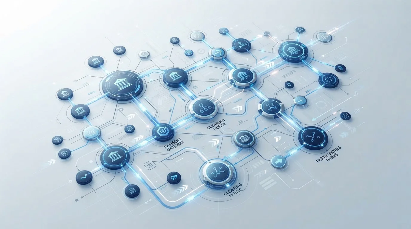 Diagram showing Faster Payments Service infrastructure with banks connected