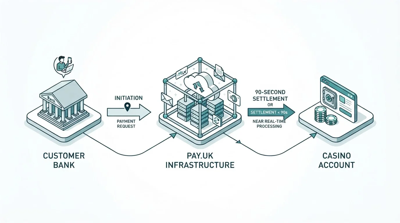 Diagram showing Faster Payments Service flow from customer bank through Pay.UK infrastructure to casino account
