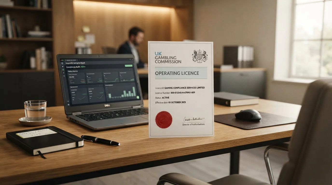 Clean desk with UK Gambling Commission licence document and laptop showing casino interface