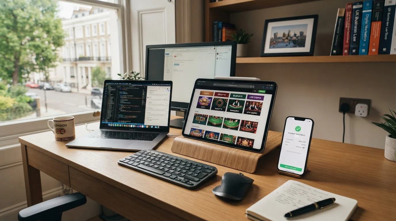 Professional desk with tablet showing mainstream UK casino interface