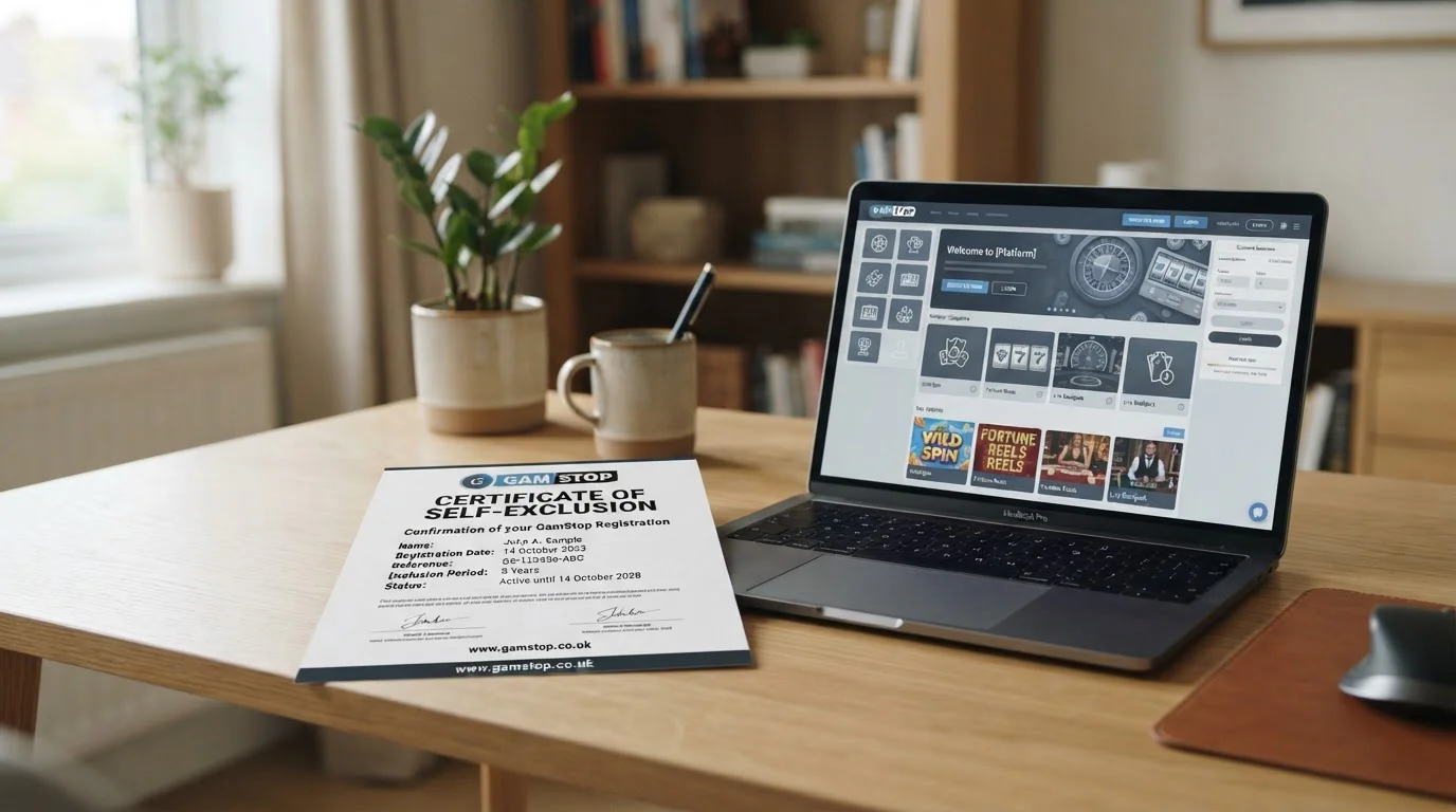 GamStop self-exclusion certificate on a desk next to a laptop showing a non-GamStop casino interface