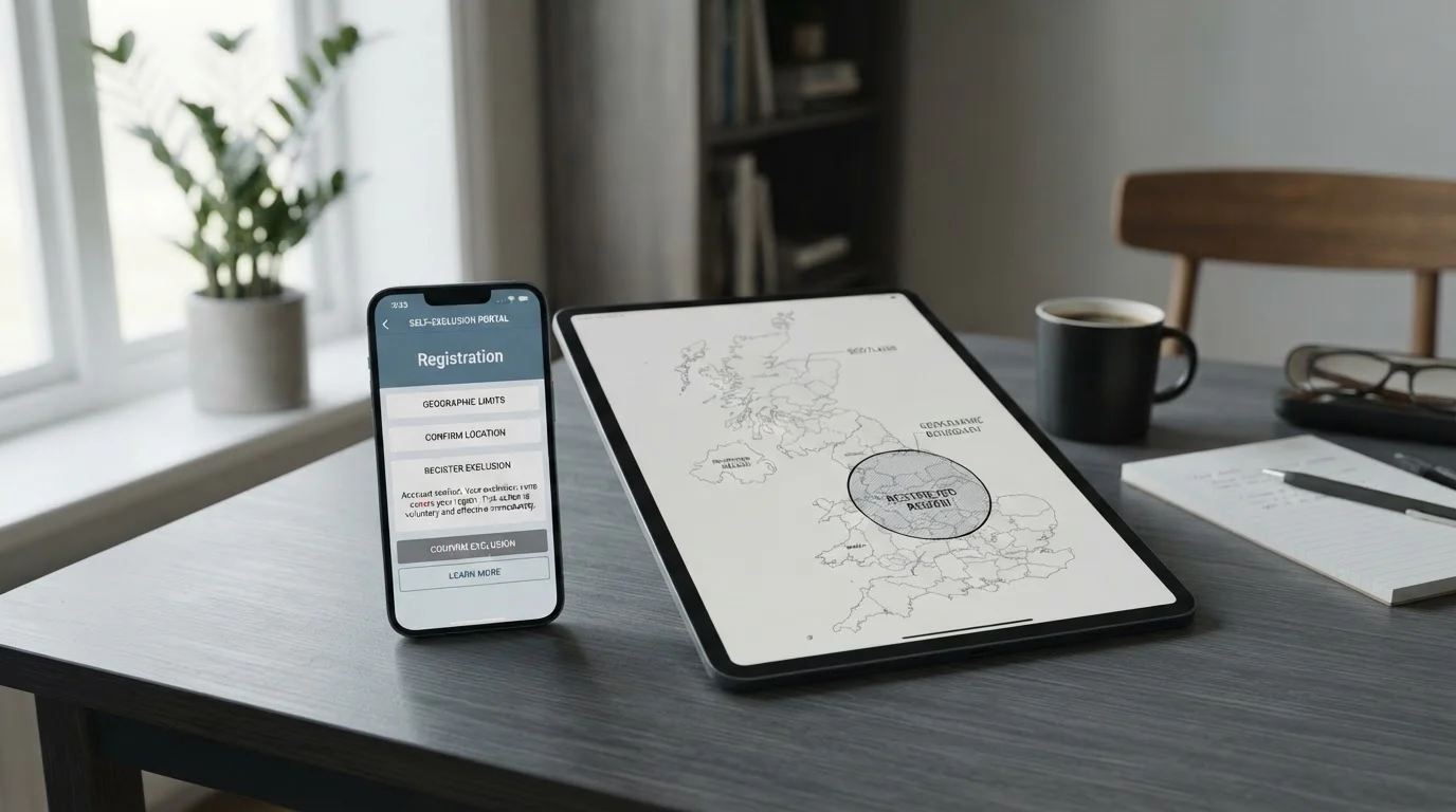 GAMSTOP self-exclusion interface displayed on smartphone with UK map in background