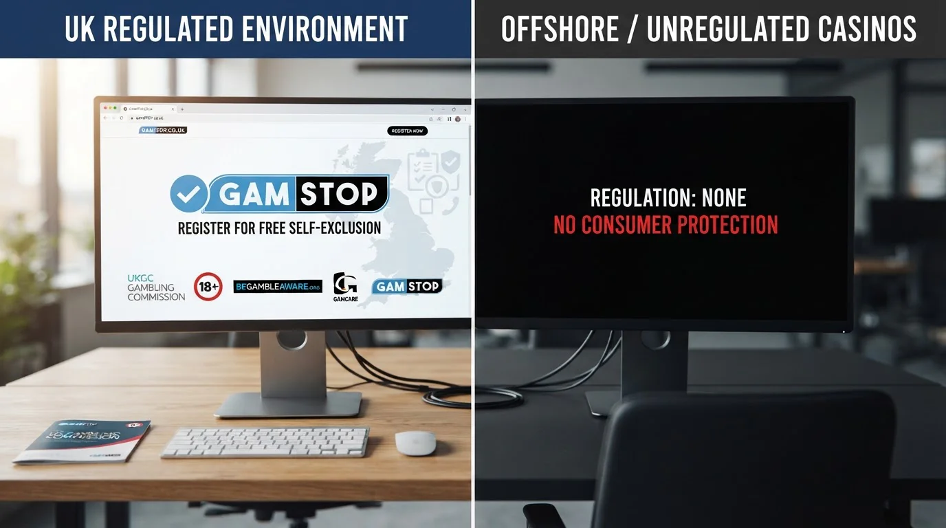 Split image showing GAMSTOP logo and offshore casino regulatory void comparison
