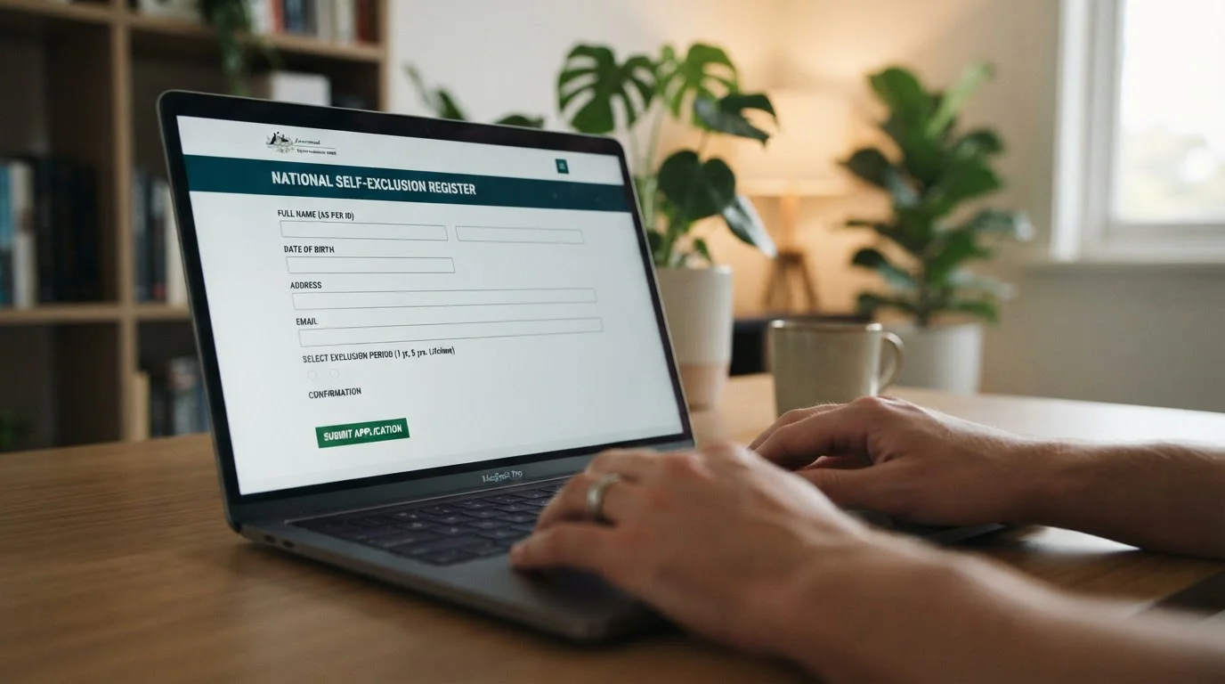 Laptop screen showing GAMSTOP self-exclusion registration page