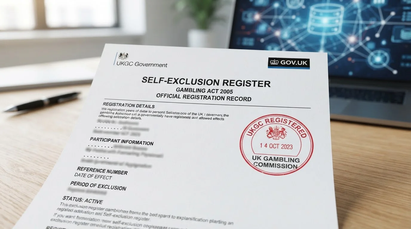 Official UK self-exclusion register document with UKGC stamp on desk