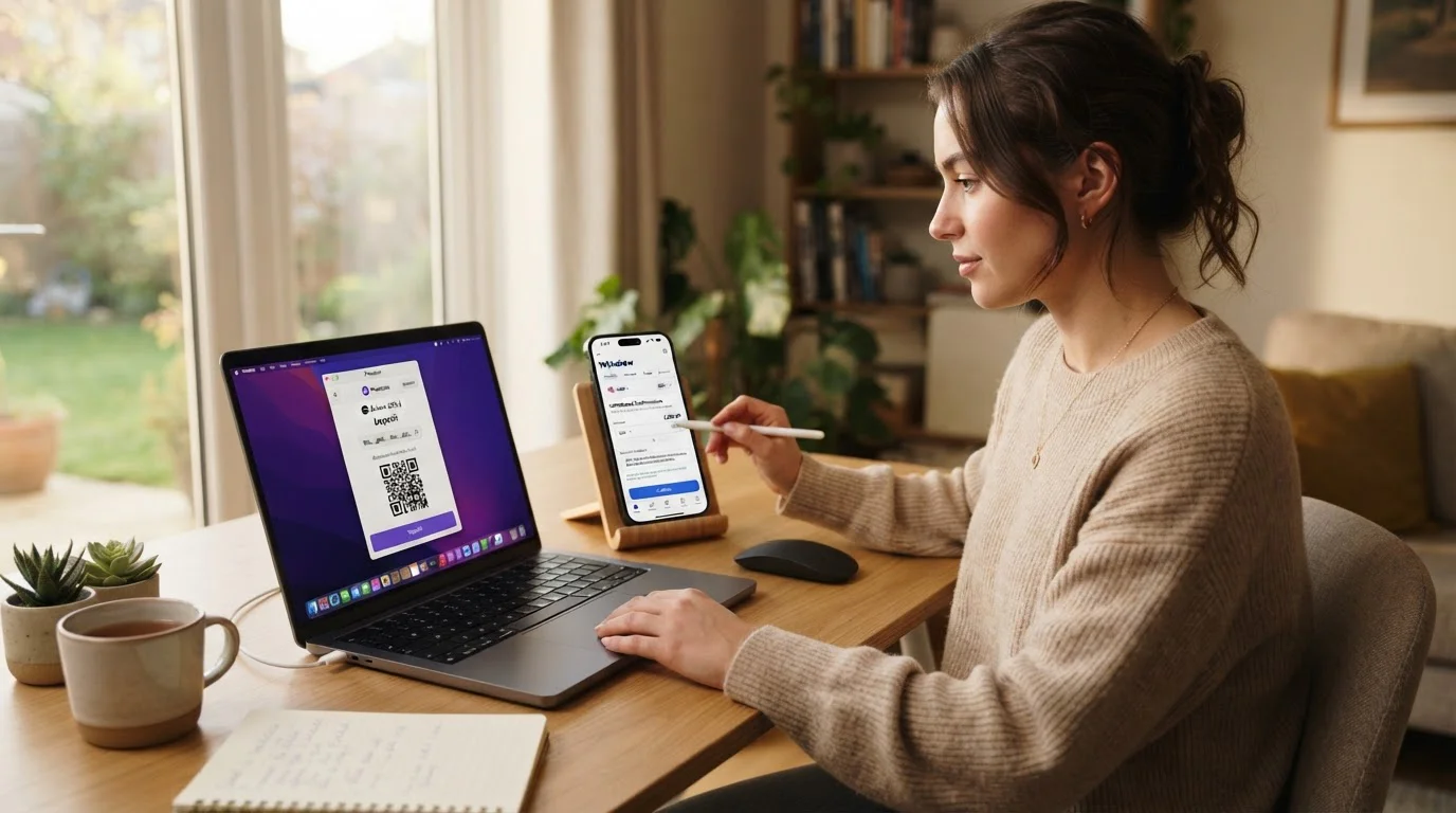 Person at a desk with a Phantom wallet open on a laptop and a mobile phone showing a UK crypto exchange app