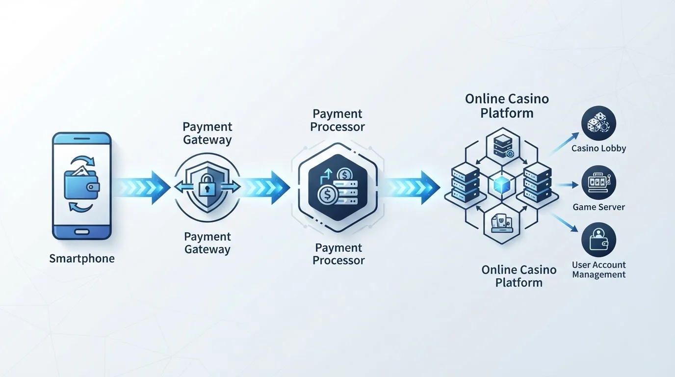 Diagram showing tokenised payment flow from smartphone through Google Pay to UK casino cashier