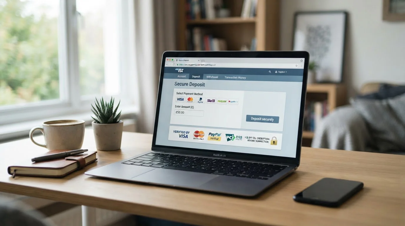 Modern laptop showing UK online casino banking interface with secure payment symbols