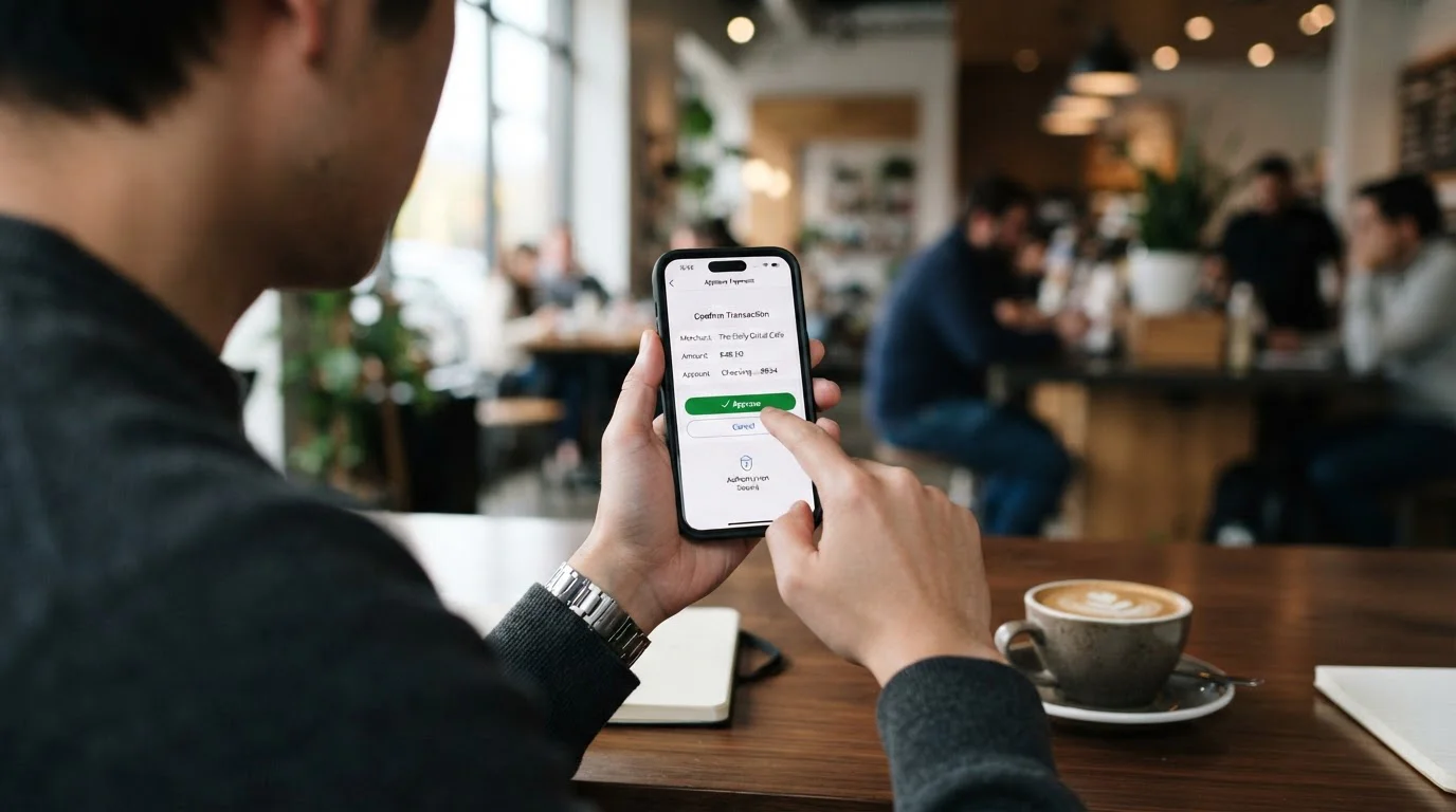 Person using mobile banking app to approve casino deposit