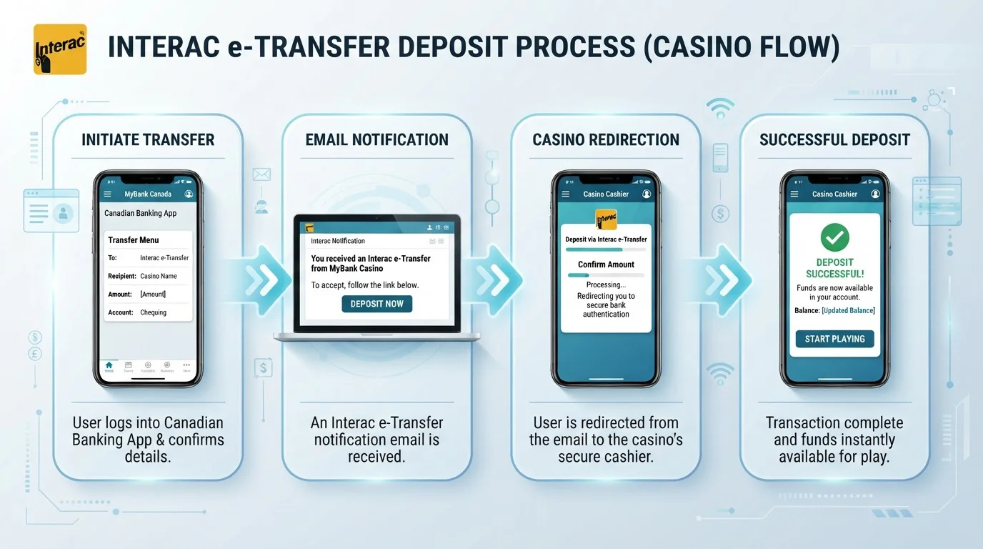 Step-by-step visual flow: Canadian banking app → Interac e-Transfer → casino email → funds credited