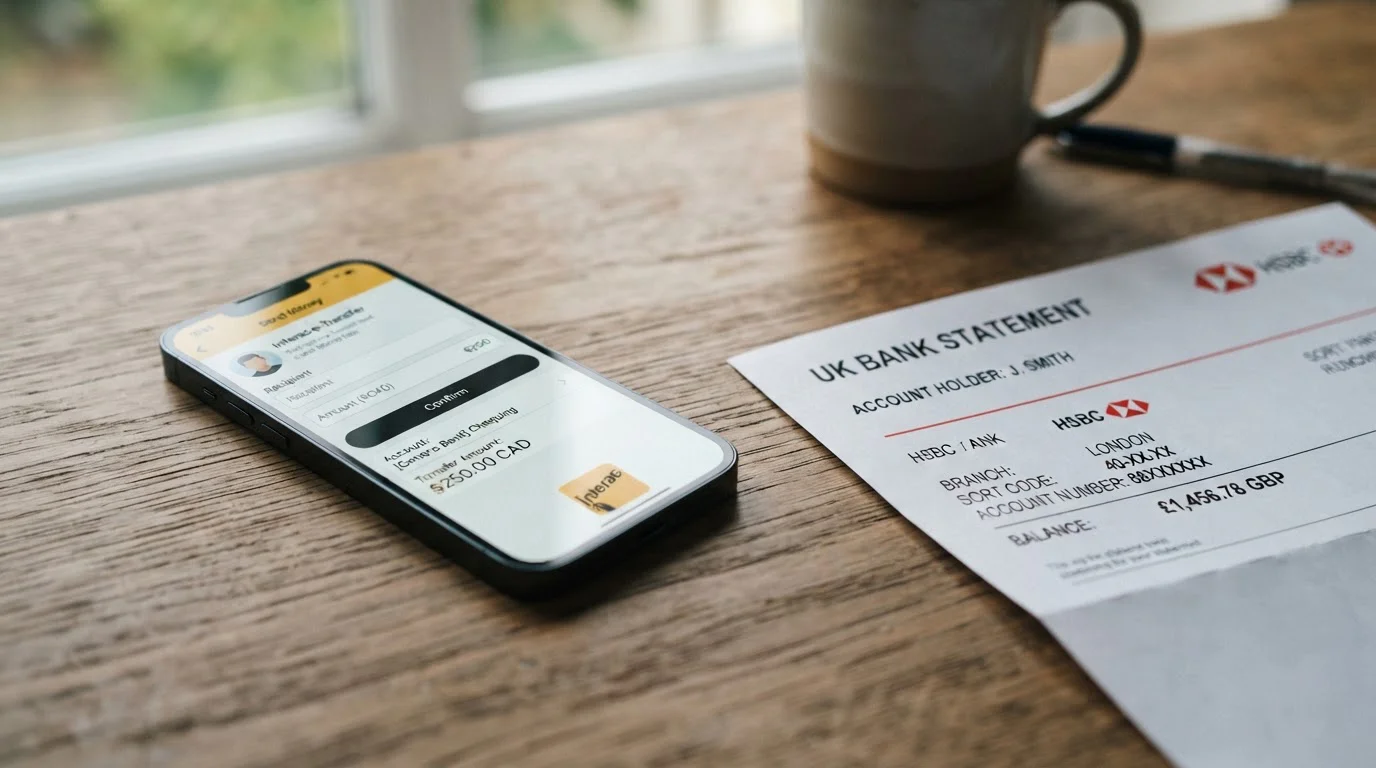 Close-up of Interac e-Transfer interface on smartphone next to UK bank statement showing incompatible systems