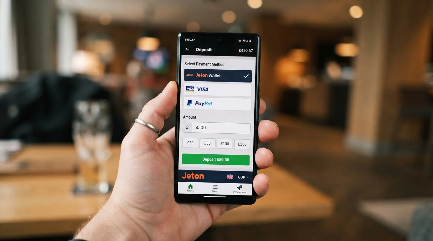 Mobile phone showing casino cashier deposit screen with Jeton Wallet selected