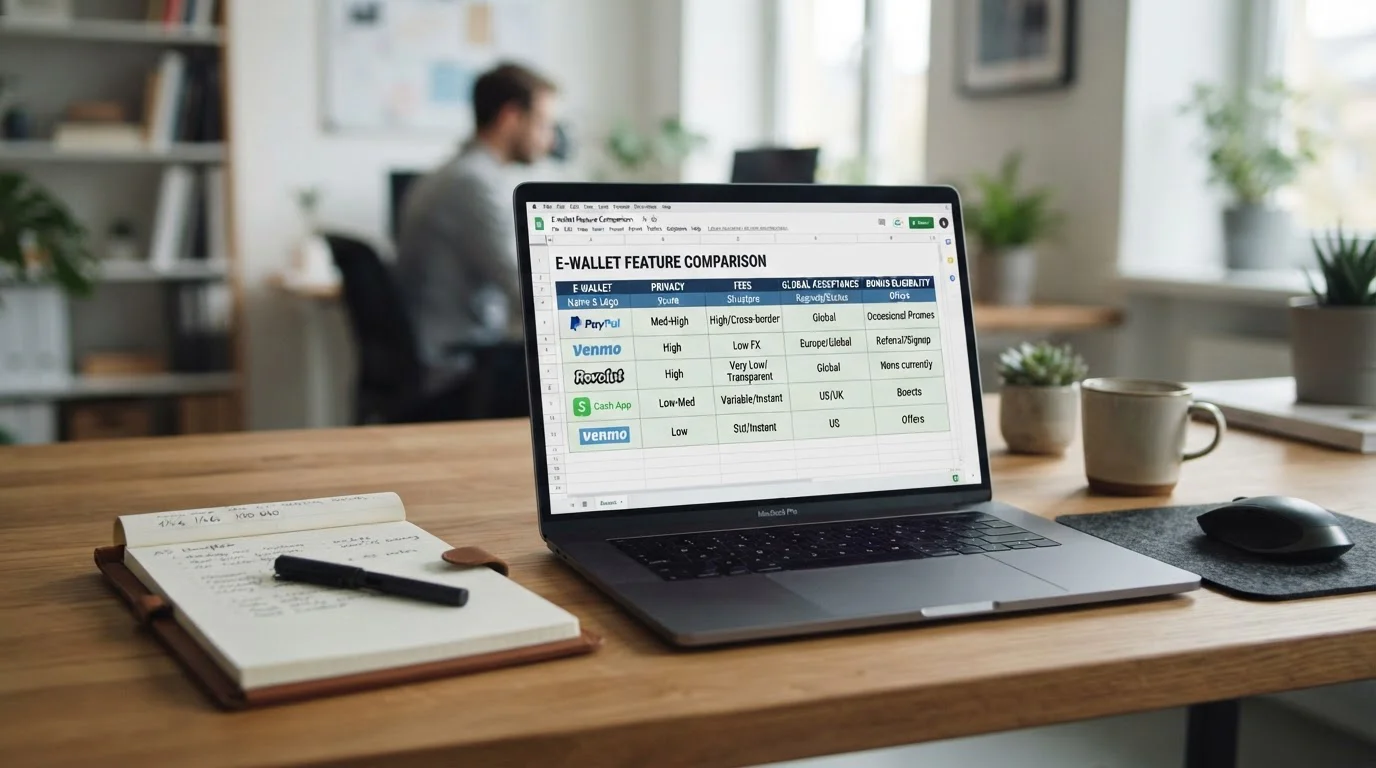 Laptop with decision matrix comparing e-wallet features and UK player priorities