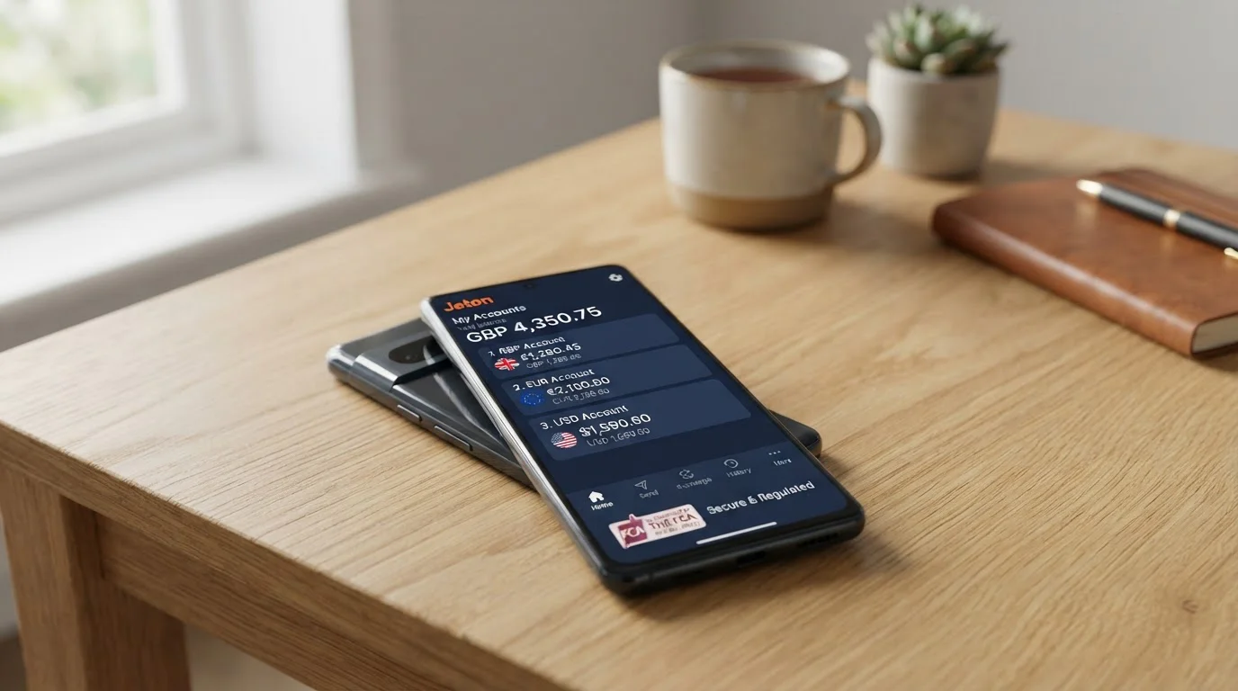 Jeton Wallet app showing multi-currency account interface with FCA authorisation badge