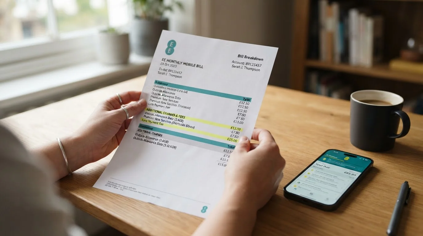 Person reviewing phone bill statement with highlighted gambling charge fees