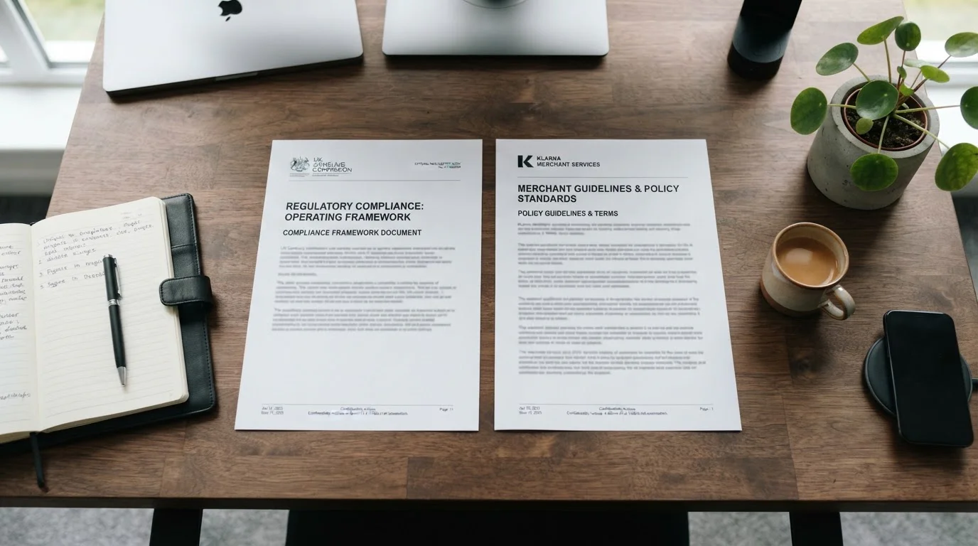 UK Gambling Commission regulatory document and Klarna merchant policy guidelines on desk