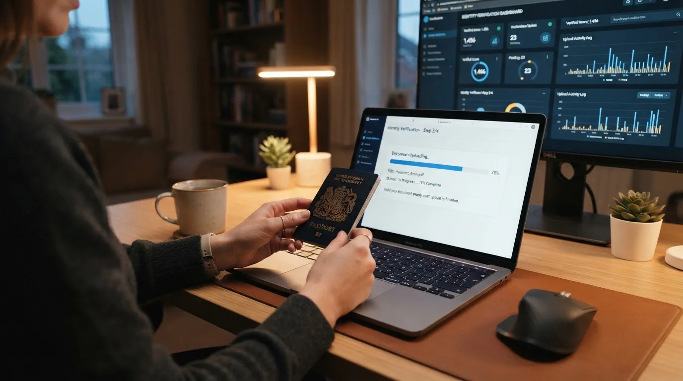 Hands holding passport above laptop showing document upload progress bar