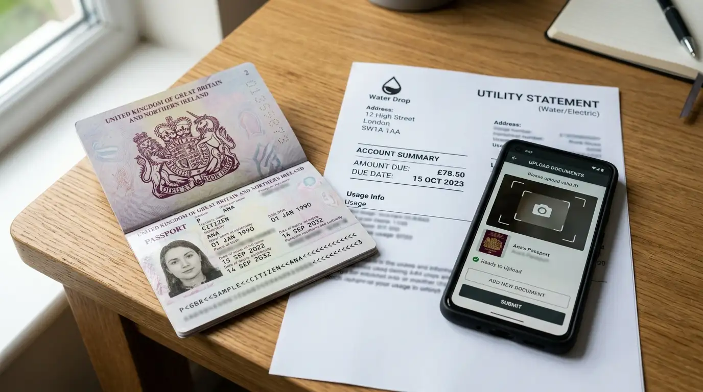 Close-up of UK passport beside utility bill and smartphone showing document upload interface