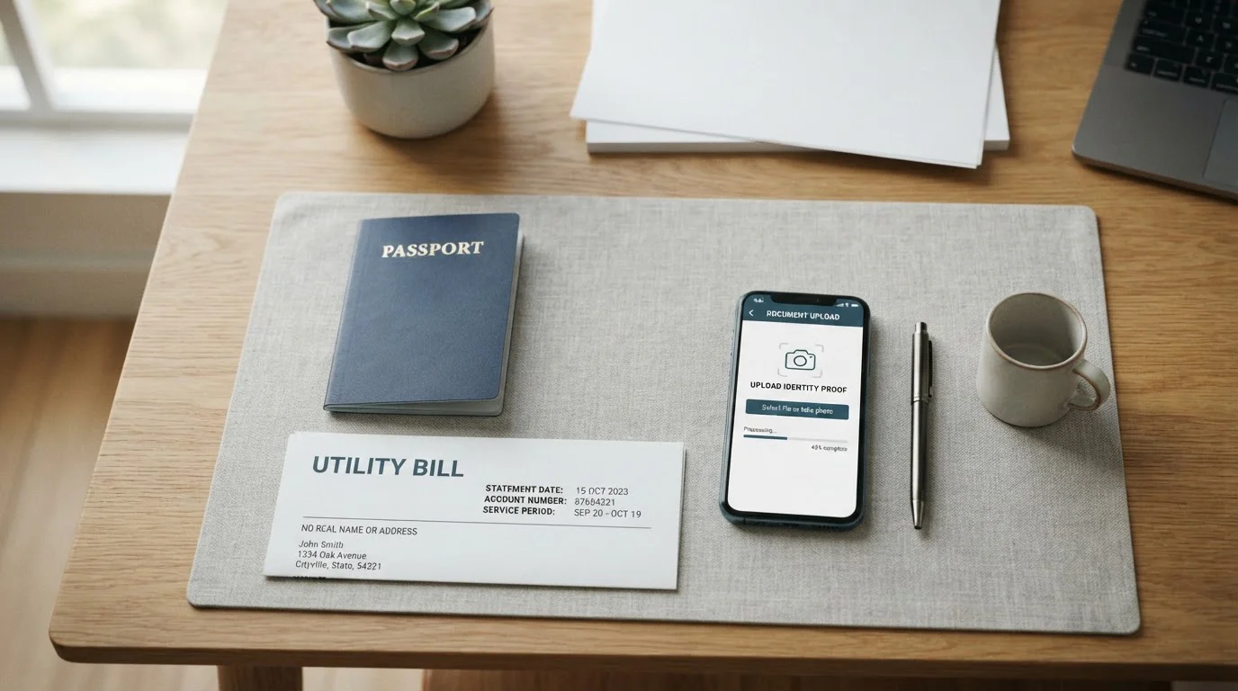 Identity documents and smartphone showing upload interface on clean desk