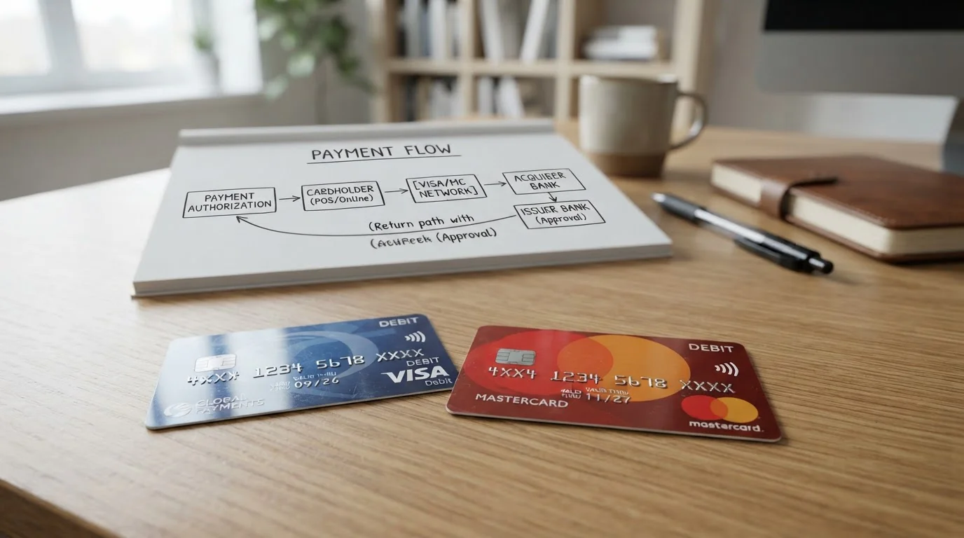 Visa and Mastercard debit cards side by side with payment processing network diagram
