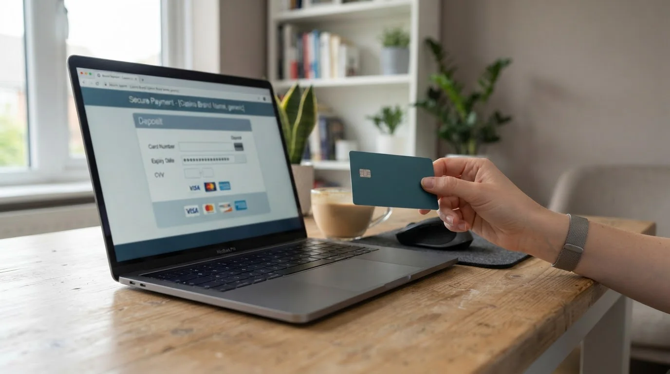 Hand holding debit card near laptop displaying casino deposit screen