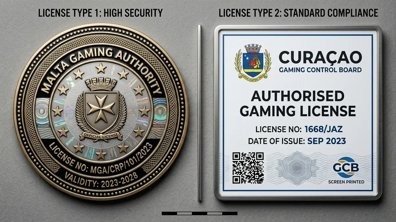 Detailed licence badge comparison showing MGA seal with EU stars versus Curaçao generic certificate