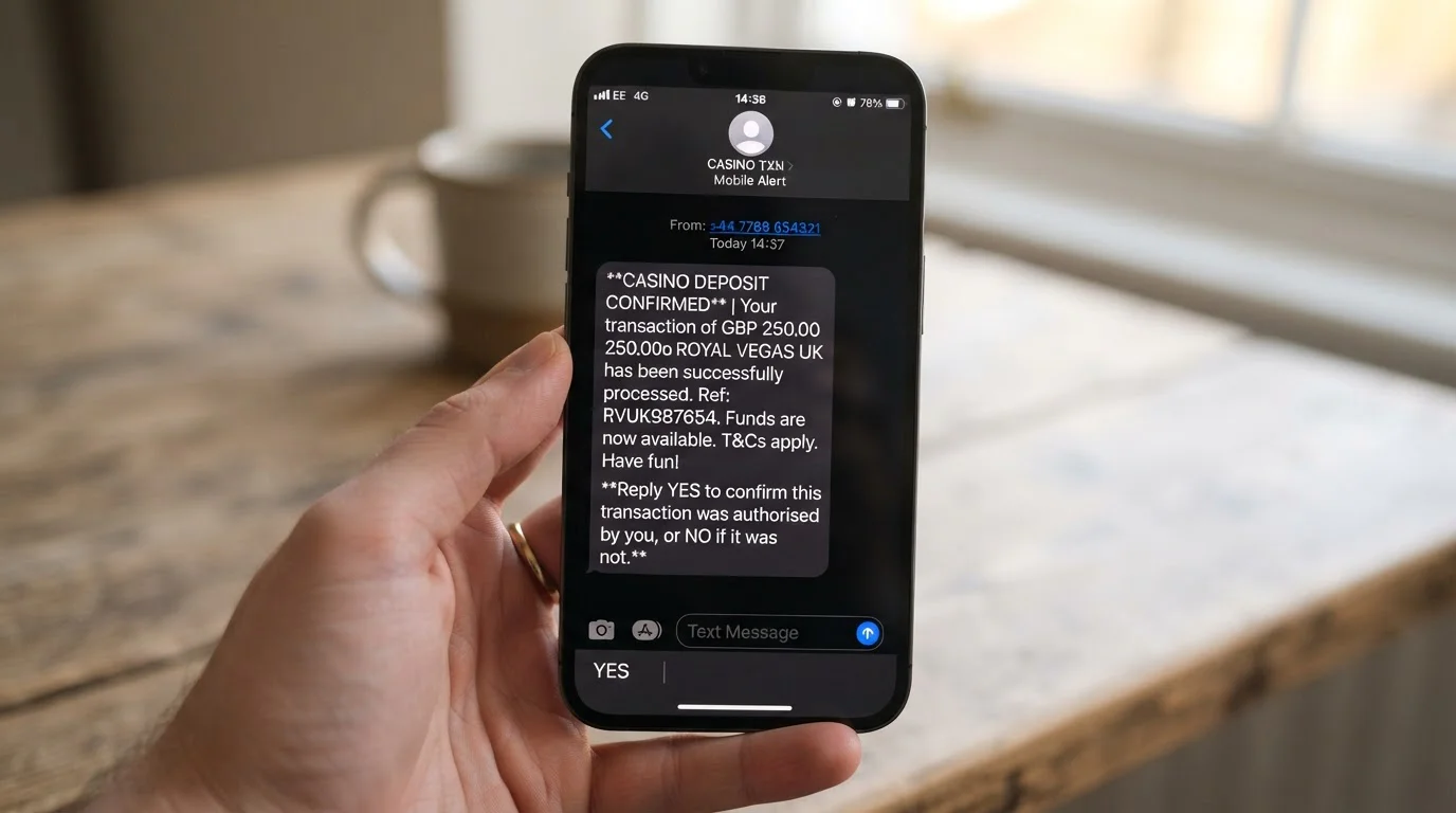 Smartphone with SMS confirmation message for casino deposit transaction