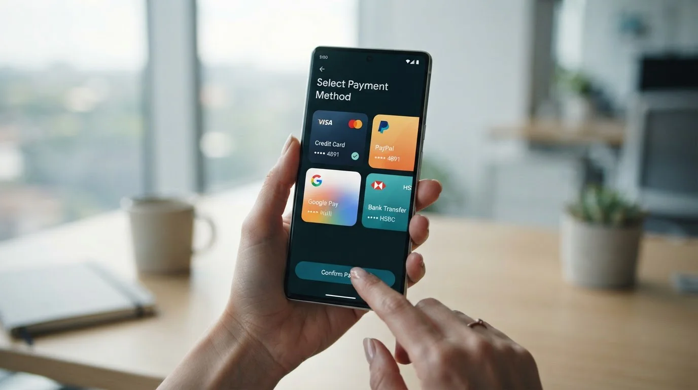 Smartphone in hand showing payment method selection screen with modern UI