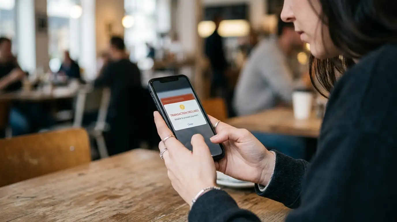 Person holding smartphone with error message on casino deposit screen