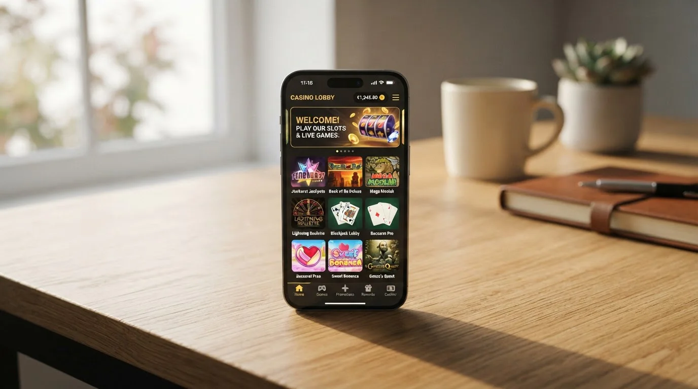 Mobile phone displaying progressive web app casino interface