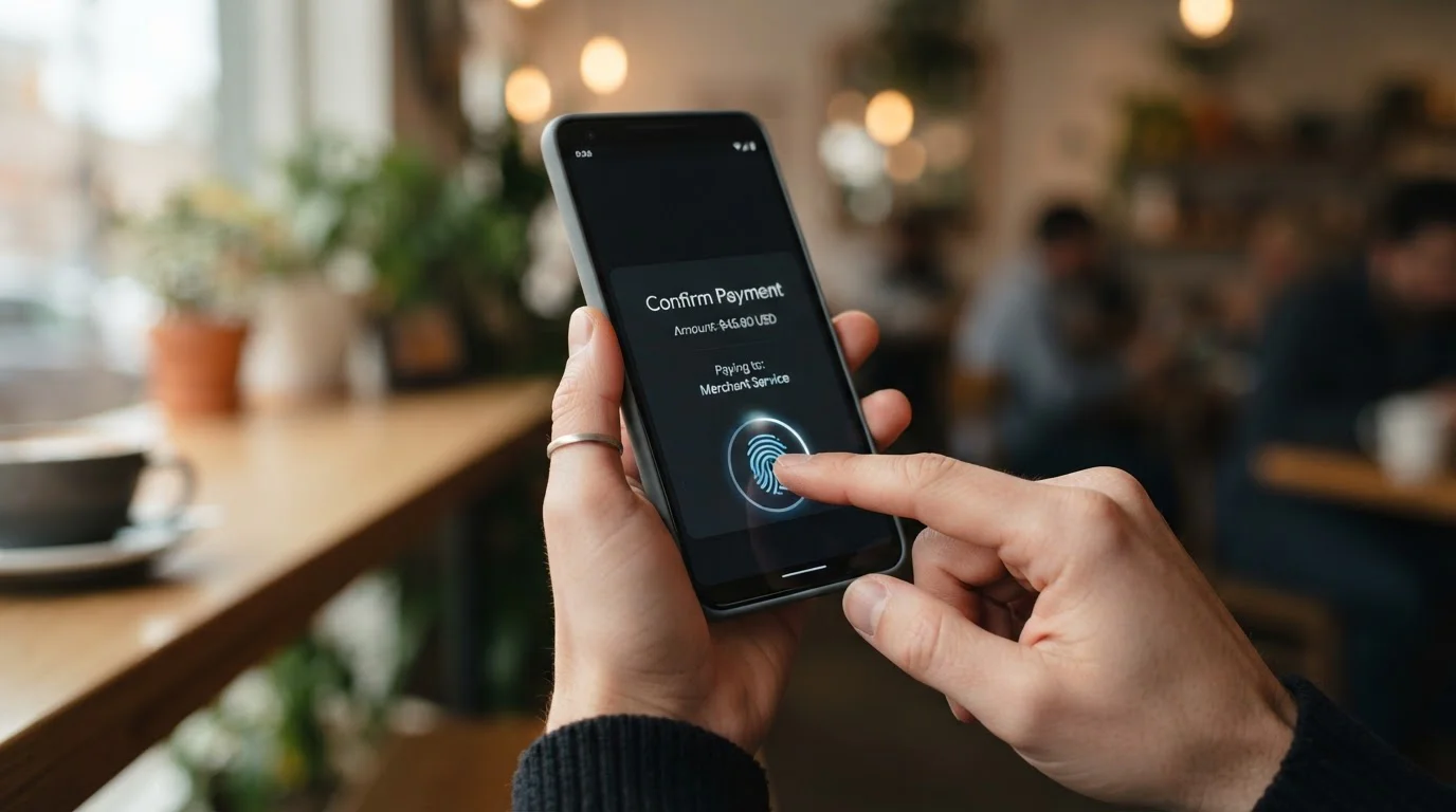 Smartphone showing Google Pay casino deposit authentication with fingerprint scanner active