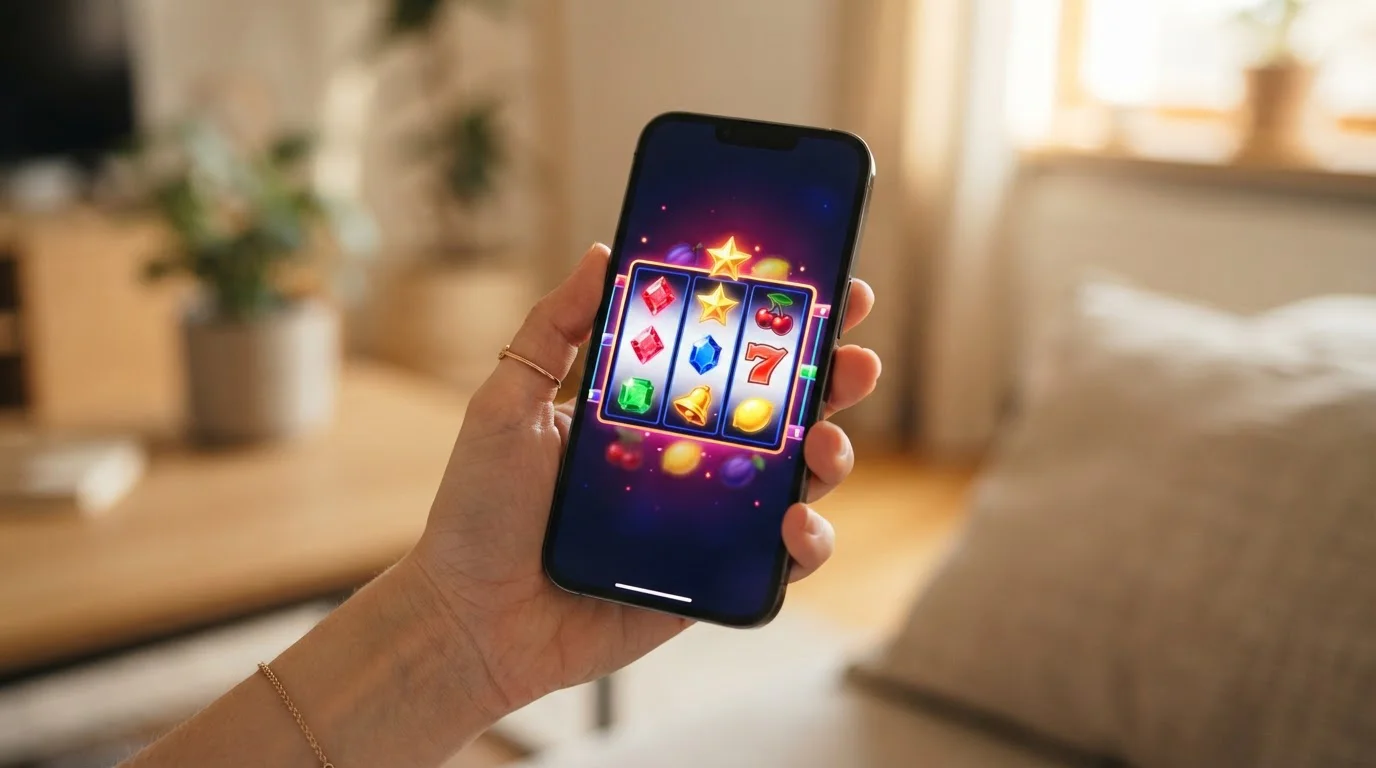 Smartphone displaying generic slot reels with abstract symbols