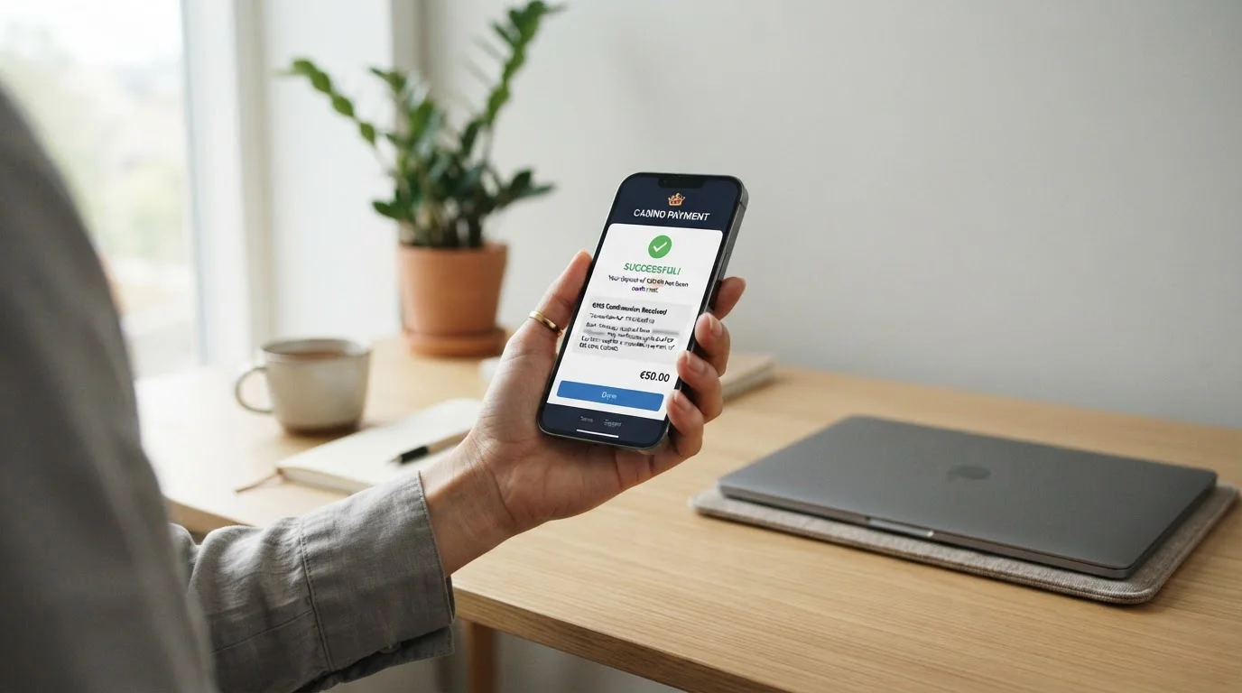 Person using smartphone to make mobile casino deposit with SMS confirmation
