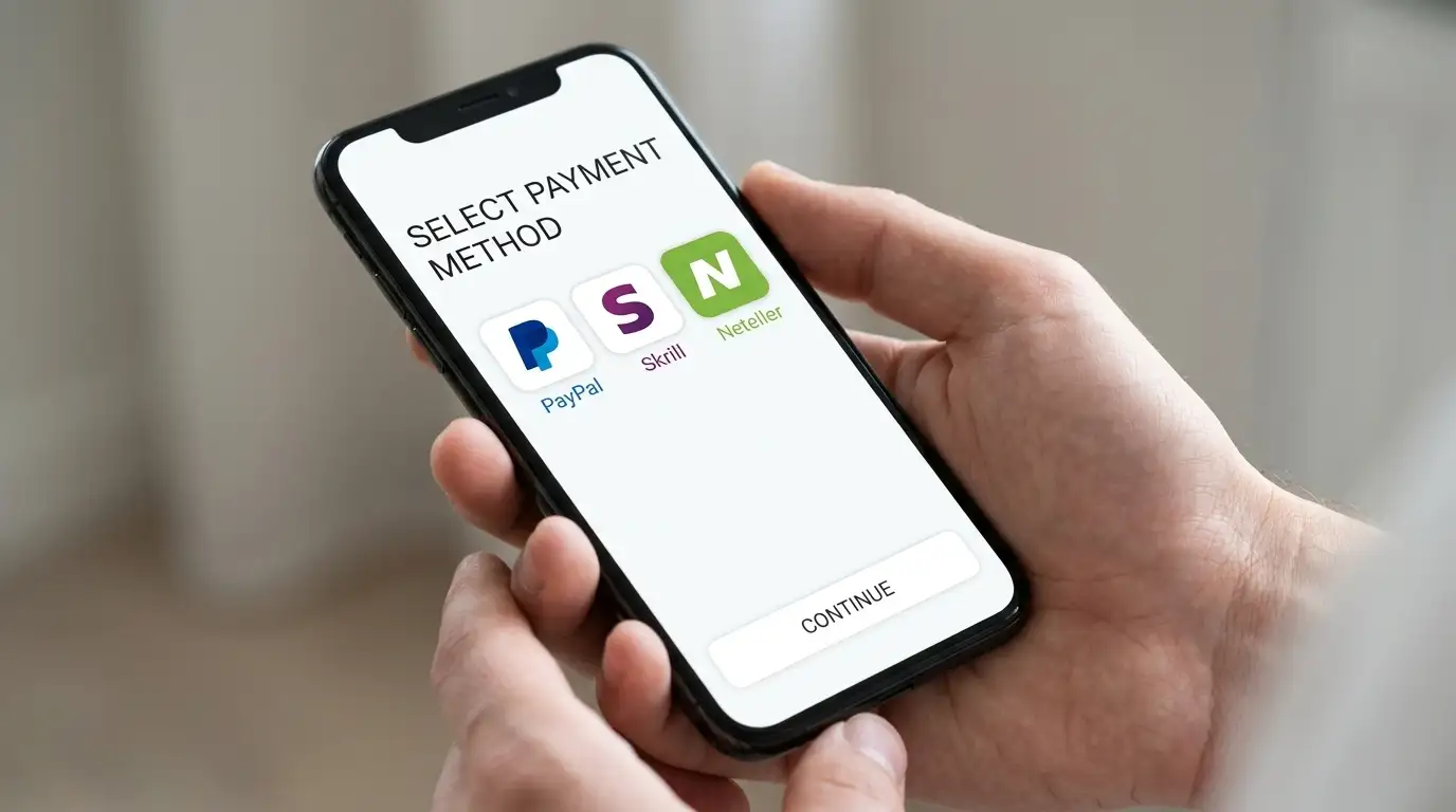 Smartphone displaying PayPal, Skrill and Neteller app icons on payment selection screen