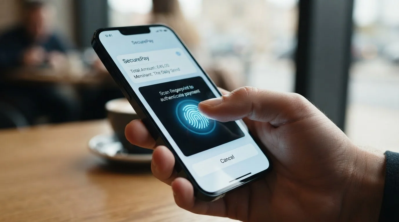 Smartphone screen showing MuchBetter app deposit authorisation with biometric fingerprint scan