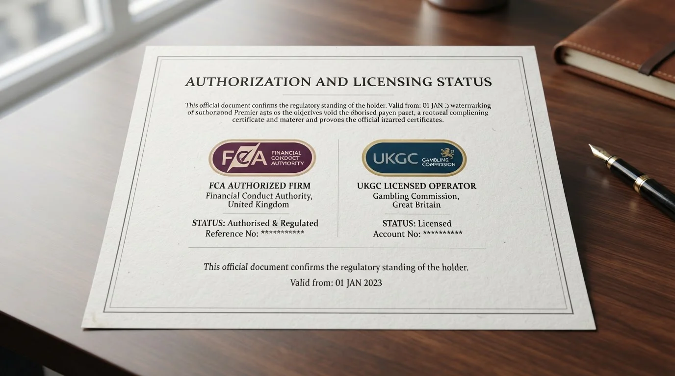 FCA authorisation document and UKGC licensing badge side by side
