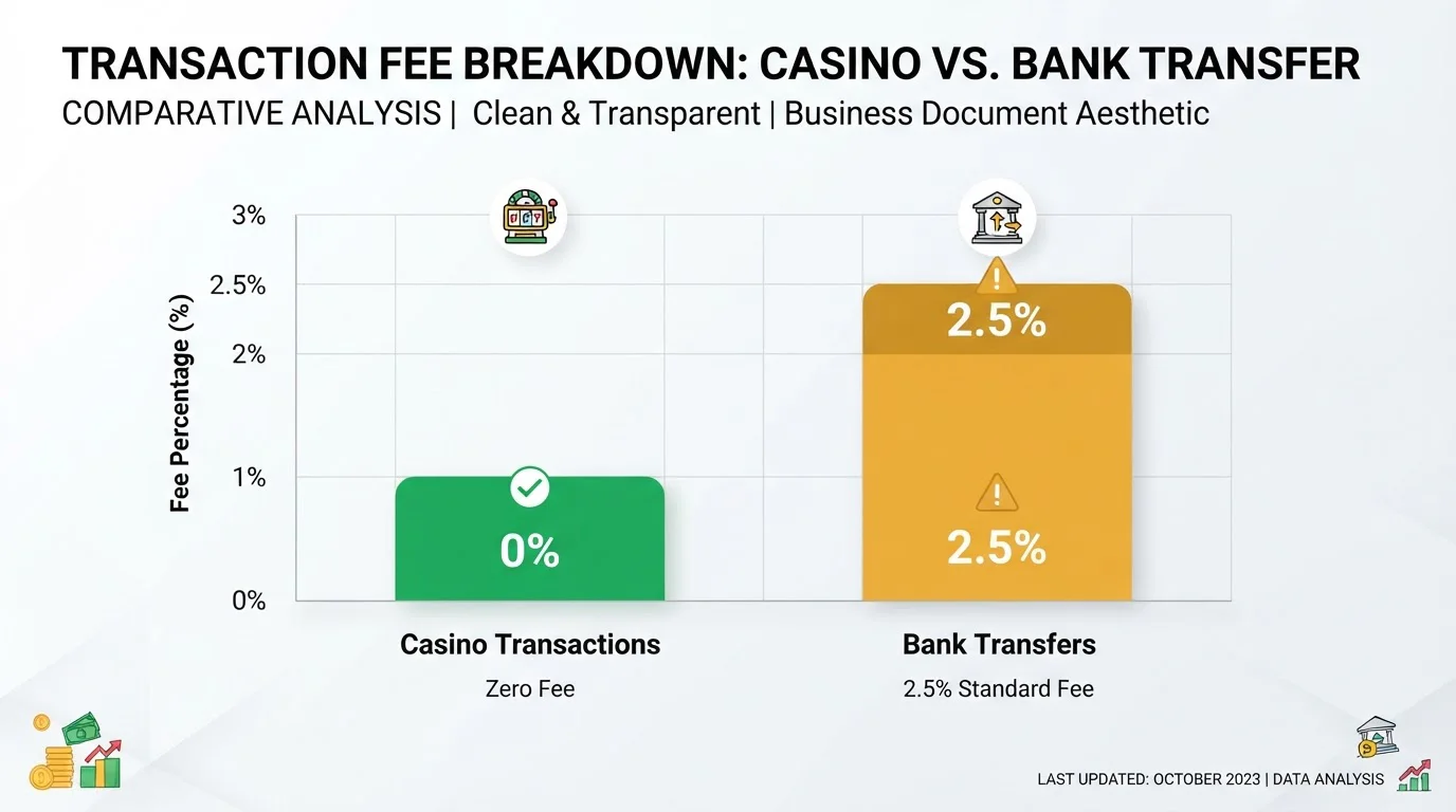 Fee breakdown chart showing zero casino fees versus 2.5% wallet-to-bank transfer fee