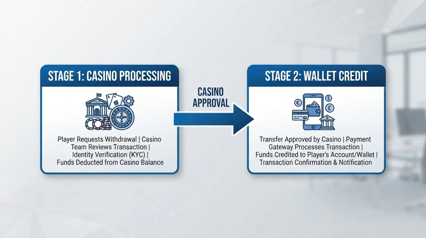 Timeline diagram showing two-stage withdrawal process from casino to wallet to bank