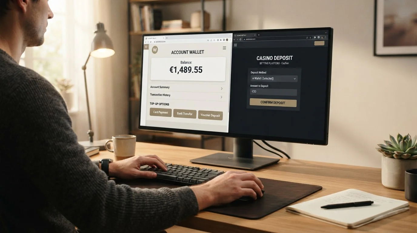 Desktop showing Neteller account interface with top-up options and casino deposit screen