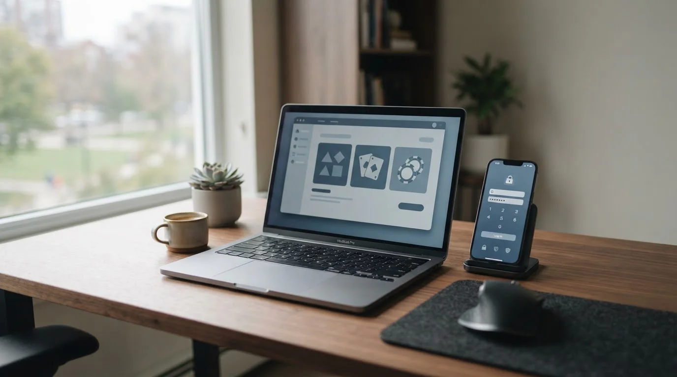 Modern laptop and smartphone showing casino and banking interfaces on clean desk