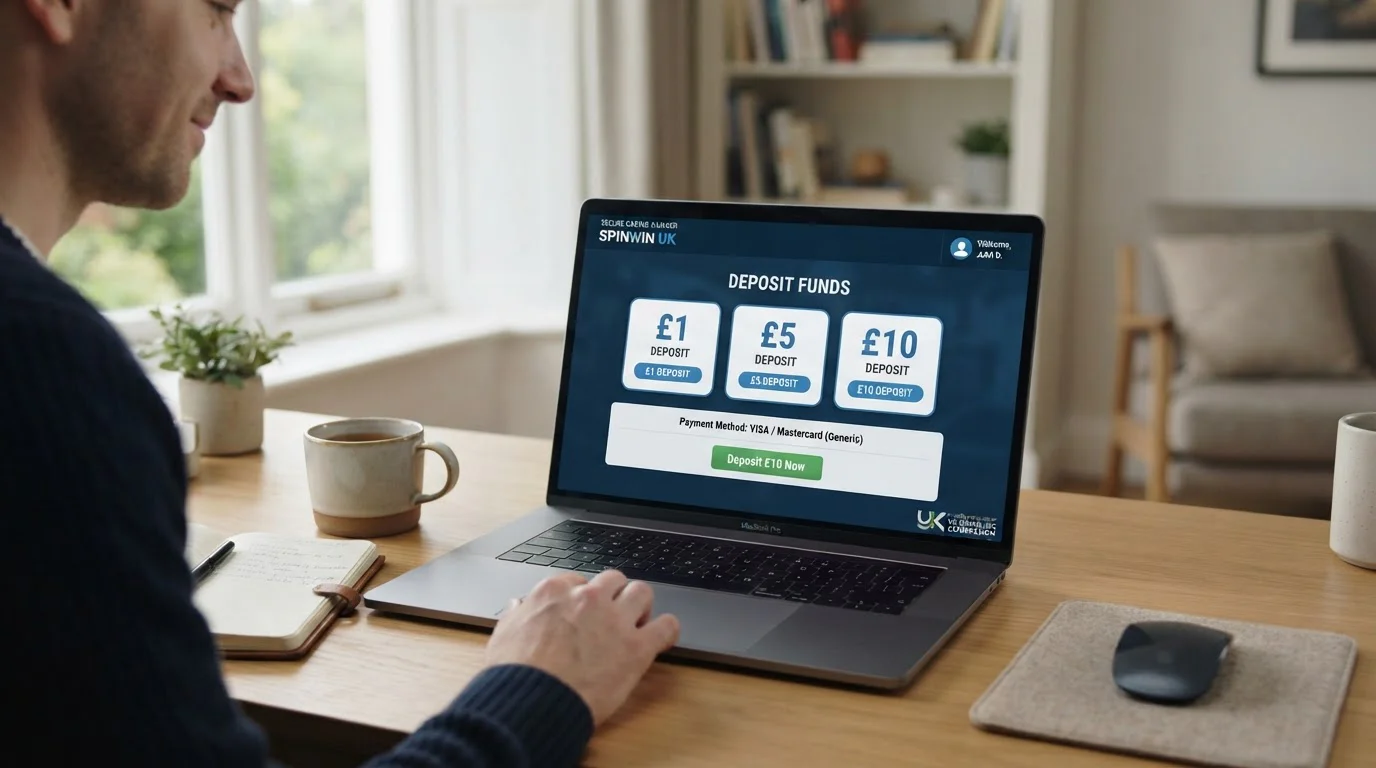 UK casino cashier screen showing £1, £5, and £10 deposit options with UKGC licensing badge