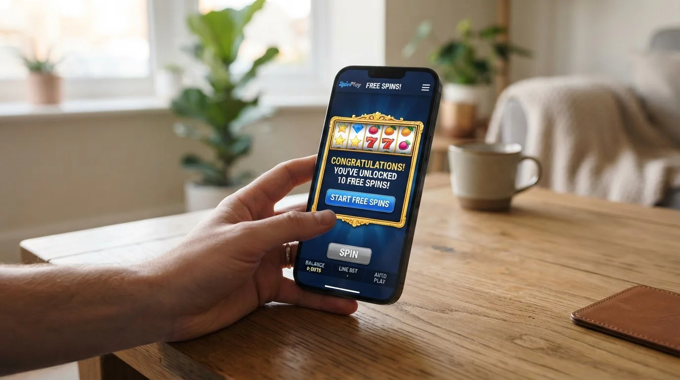 Mobile phone displaying free spins casino bonus activation screen