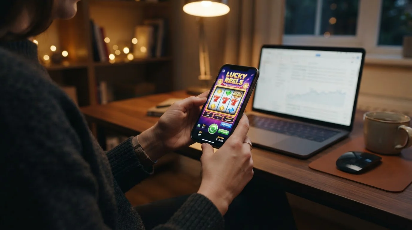 Hands holding smartphone showing casino slot game with laptop in background