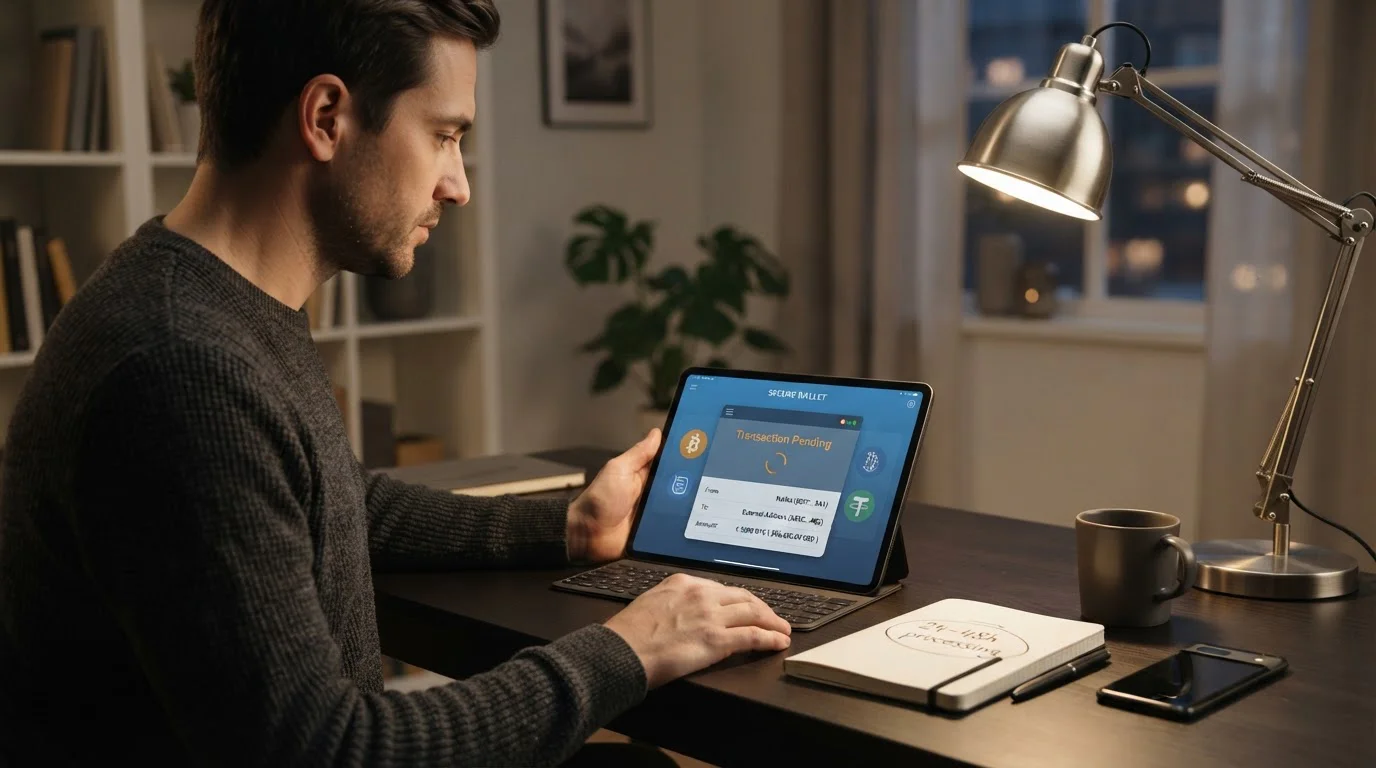 Tablet displaying cryptocurrency wallet with pending transaction and handwritten processing note