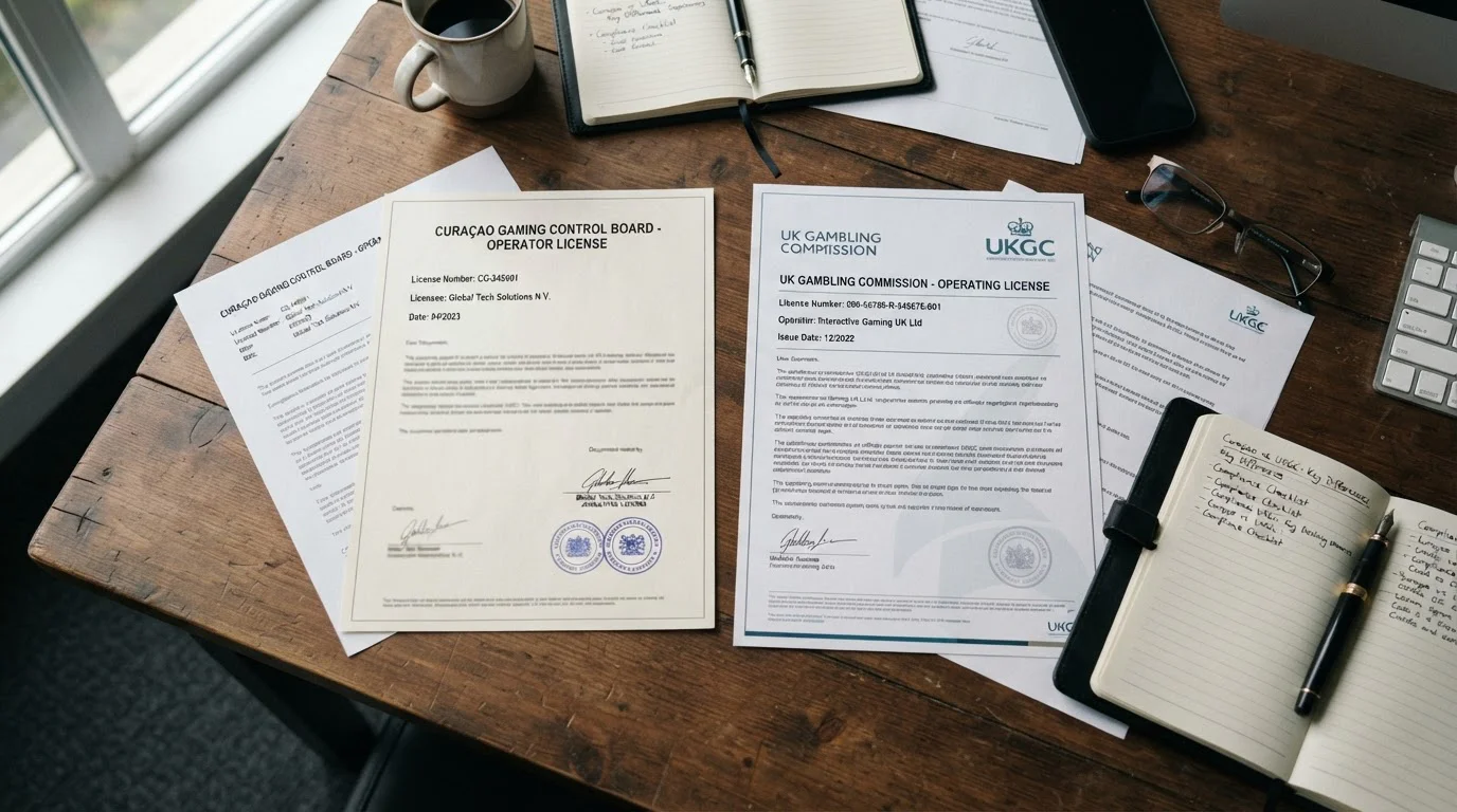 Comparison documents showing Curaçao and UK gambling licences side by side