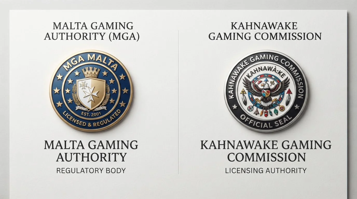 Comparison grid showing logos of Malta Gaming Authority and Kahnawake Gaming Commission licences