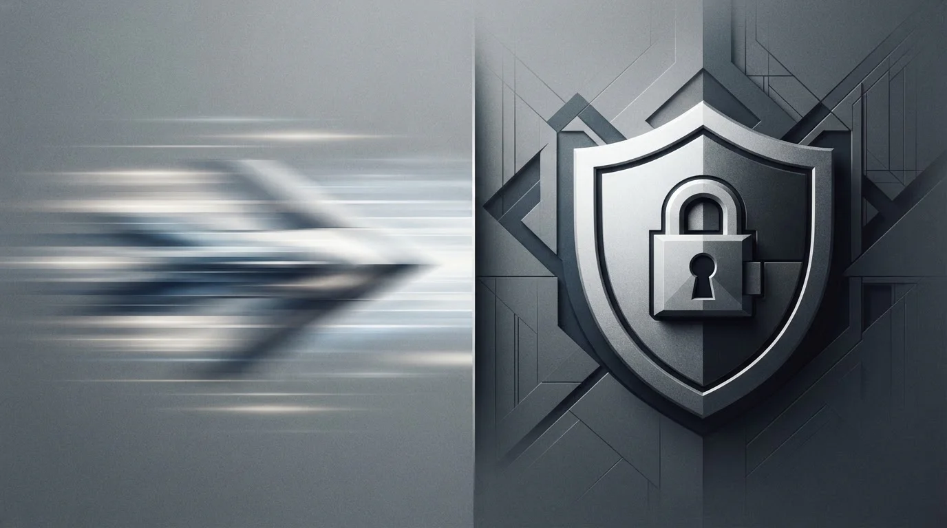 Split composition showing speed on left with motion blur and security on right with shield symbol